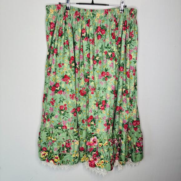 Hand Sewn Floral A-Line‎ Skirt 2X Cotton Lace Ruffle Hem Elastic Waist Cottage - Picture 8 of 8